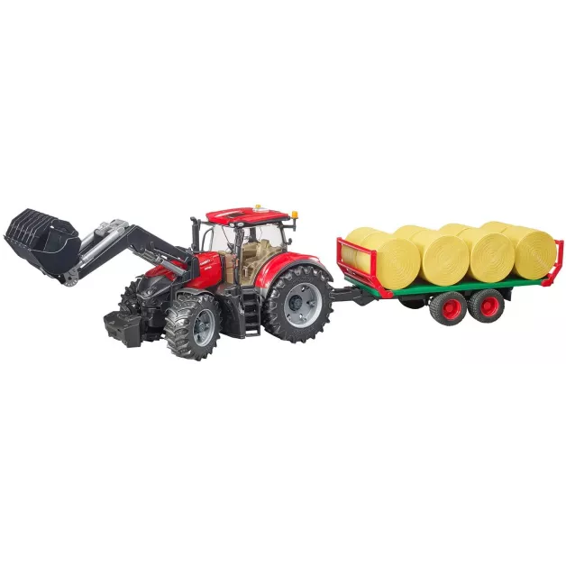 Bruder Case IH red Optum 300 CVX toy tractor with hay bale trailer – 03198