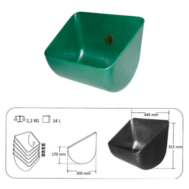 Wall-mounted livestock feeders. Wall-mounted livestock feeders.