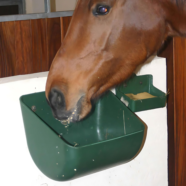 Wall-mounted livestock feeders. Wall-mounted livestock feeders.