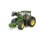 Bruder John Deere 7930 toy tractor with loader and green and yellow trailer 03055
