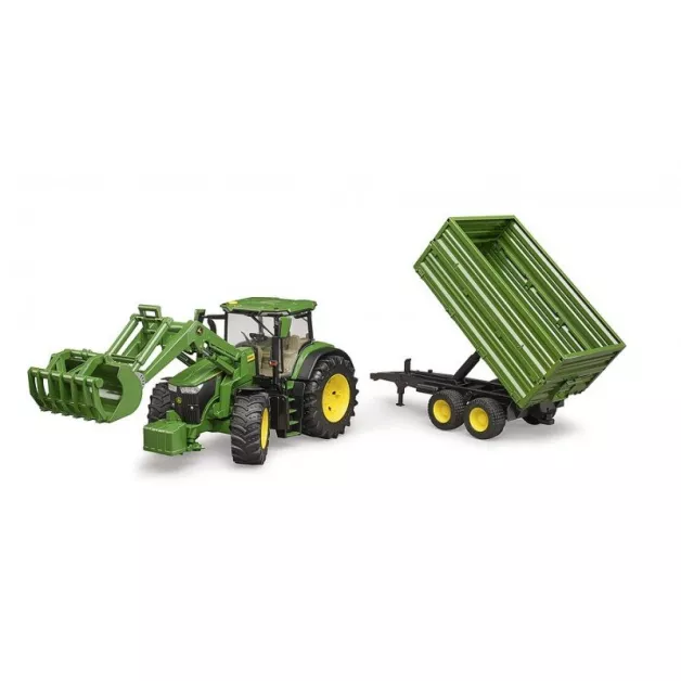 Bruder speelgoedtractor John Deere 7930 met lader en groene en gele aanhanger 03055
