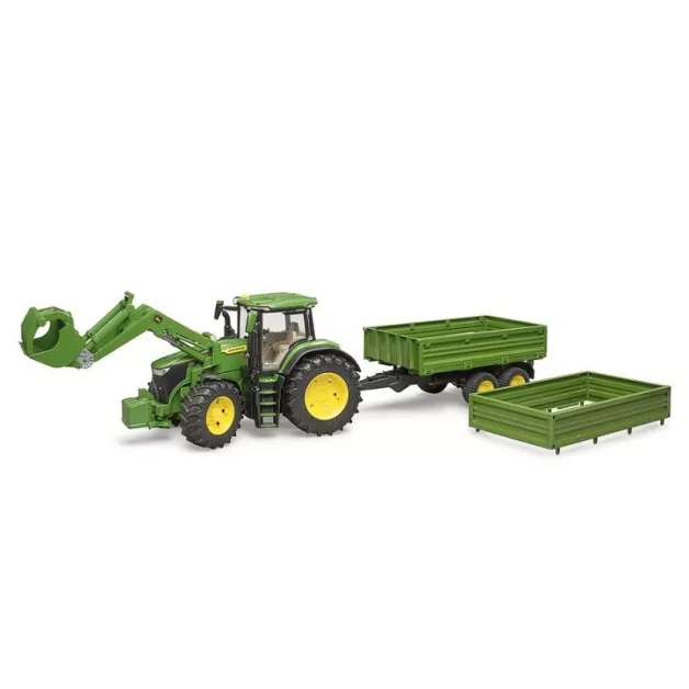 Bruder speelgoedtractor John Deere 7930 met lader en groene en gele aanhanger 03055