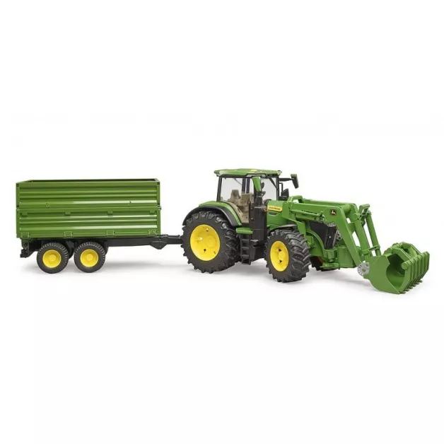 Bruder speelgoedtractor John Deere 7930 met lader en groene en gele aanhanger 03055