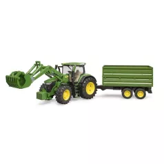 Bruder John Deere 7930 toy tractor with loader and green and yellow trailer 03055