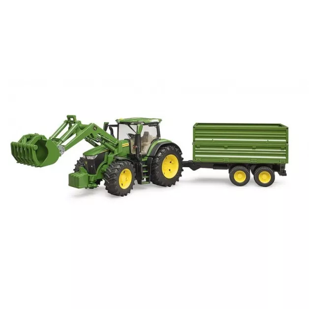 Bruder speelgoedtractor John Deere 7930 met lader en groene en gele aanhanger 03055