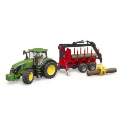 Bruder John Deere 7930 toy tractor with loader and green and yellow trailer 03055