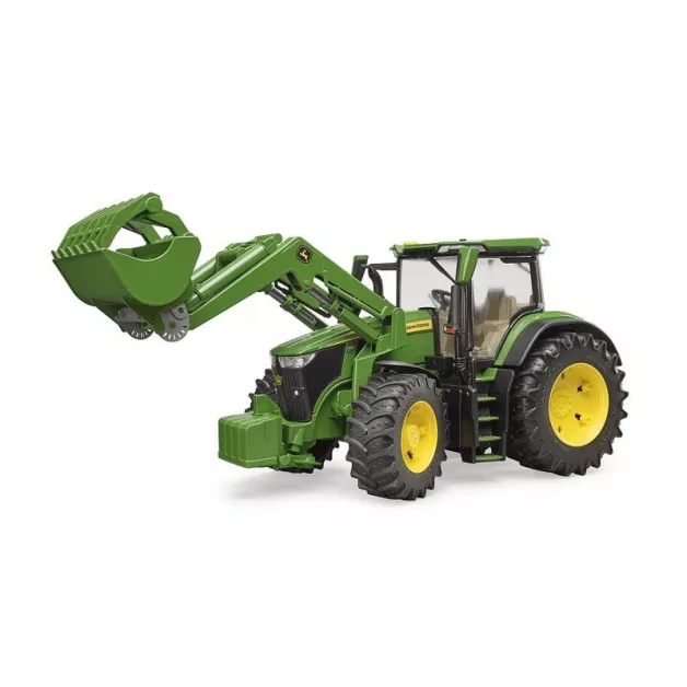 Bruder speelgoedtractor John Deere 7930 met lader en groene en gele aanhanger 03055