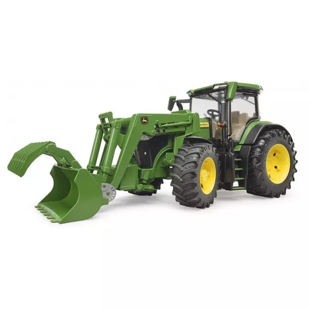Bruder speelgoedtractor John Deere 7930 met lader en groene en gele aanhanger 03055