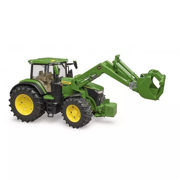 Bruder speelgoedtractor John Deere 7930 met lader en groene en gele aanhanger 03055
