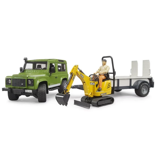 Land Rover Defender met aanhanger, JCB minigraafmachine en figuurtje