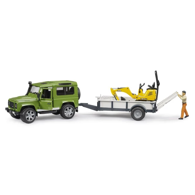 Land Rover Defender avec remorque, micro-pelleteuse JCB et figurine