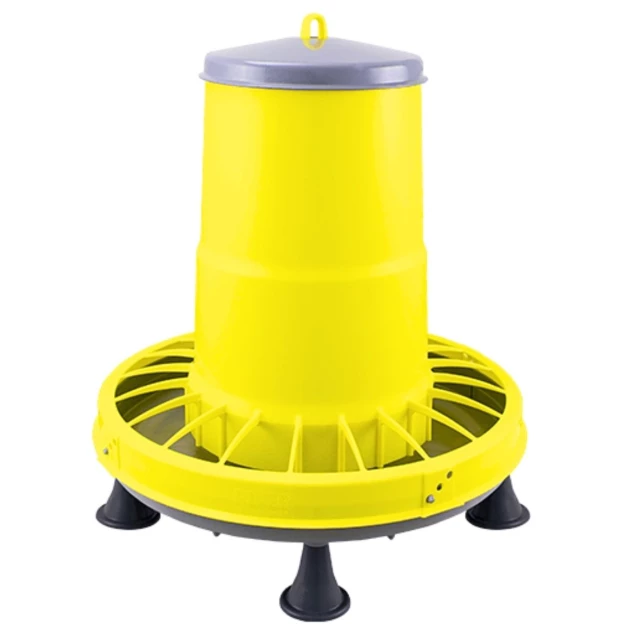 Plastic voederbak op poten voor kippen.