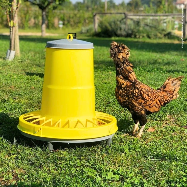 Plastic voederbak op poten voor kippen.