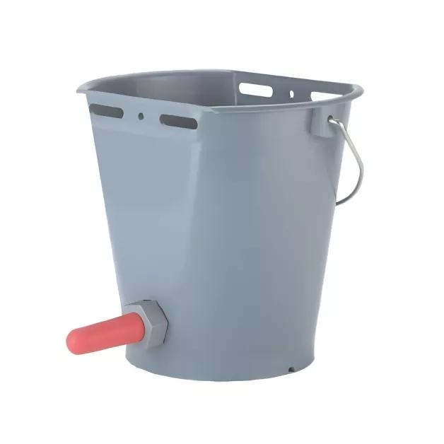 Gray plastic bucket, calf bottle 8 liters, and its accessories.