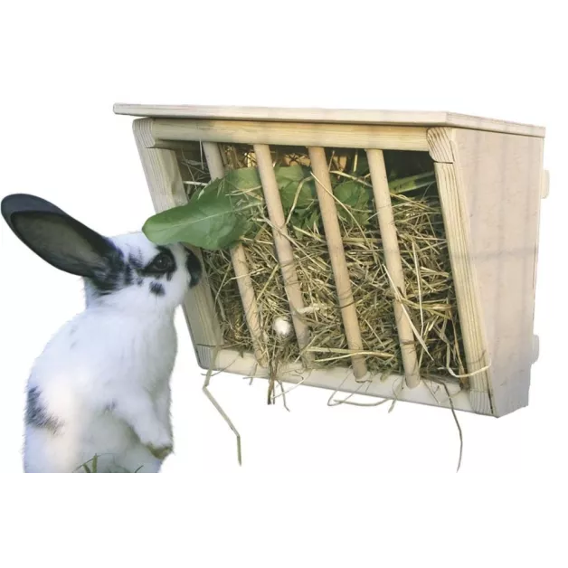 Wooden hay rack for rabbits, guinea pigs, or hamsters.
