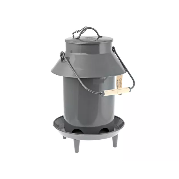 Metal chicken feeders shaped like milk jugs