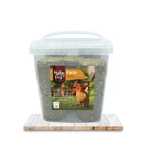Sure, the translation of the text "Fourrage Farm Alfalfa Block de Hobby first" from French to English is: "Hobby first Forage