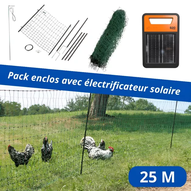 Enclosure pack: gate, 25 or 50-meter net, and solar energizer Enclosure pack: gate, 25 or 50-meter net, and solar energizer