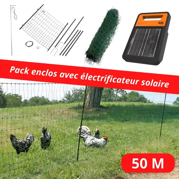 Pack enclos : porte, filet de 25 ou 50 mètres et électrificateur solaire Pack enclos : porte, filet de 25 ou 50 mètres et électrificateur solaire