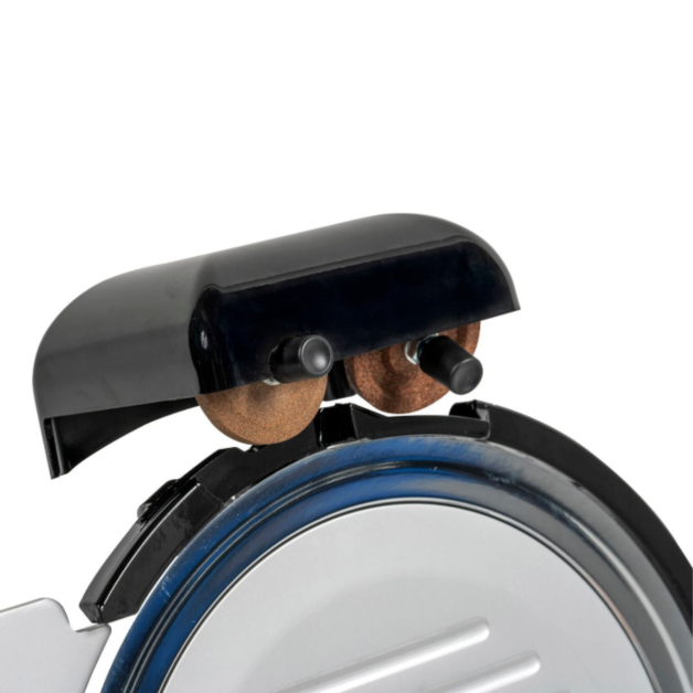 Ham snijmachine REBER met een mes van 25 cm en geïntegreerde slijper.