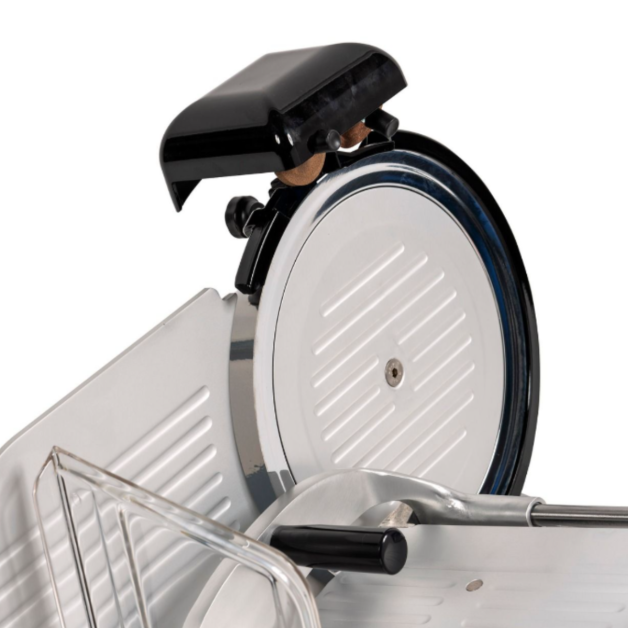 Ham snijmachine REBER met een mes van 25 cm en geïntegreerde slijper.