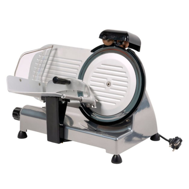 Ham snijmachine REBER met een mes van 25 cm en geïntegreerde slijper.