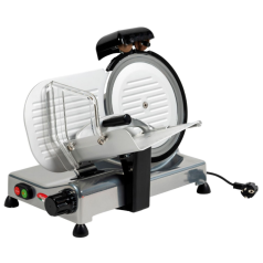 Ham snijmachine REBER met een mes van 25 cm en geïntegreerde slijper.