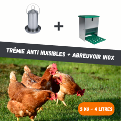 Pack Luxe du Roi trémie anti-nuisibles + abreuvoir inox pour poules