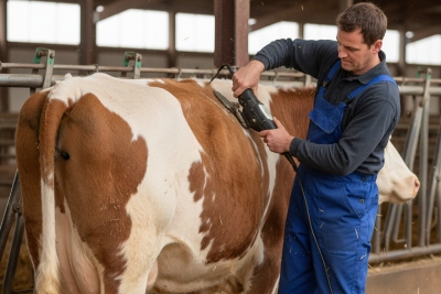 homme qui tond une vache